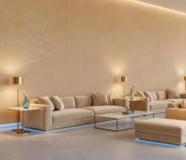 Nowoczesne wnętrze casino lounge w restauracji MACHU Catherine ze złotymi detalami i wygodnymi sofami.