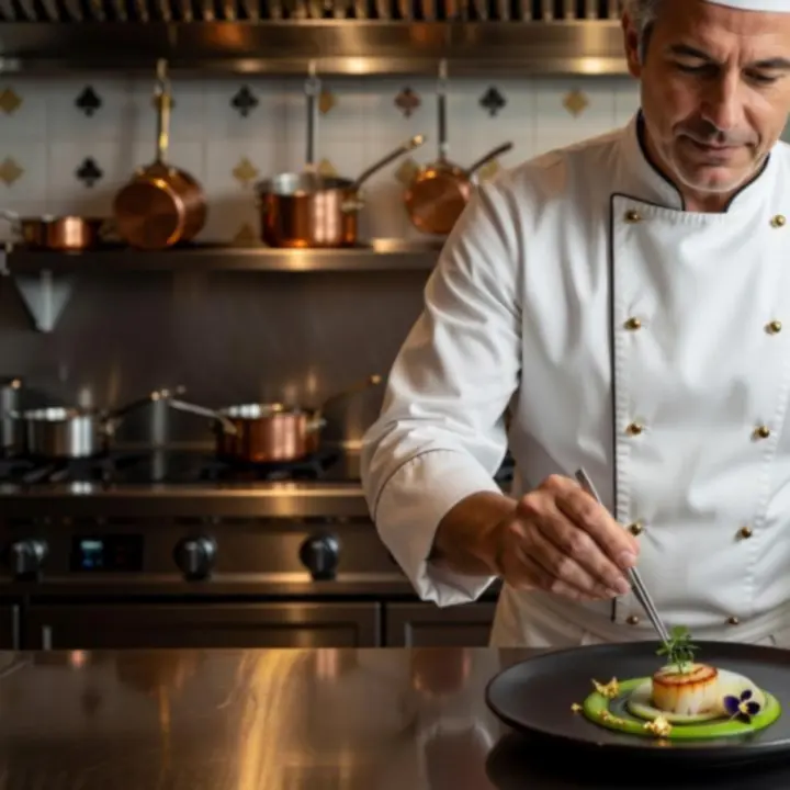 Szef kuchni restauracji MACHU Catherine prezentujący eleganckie danie