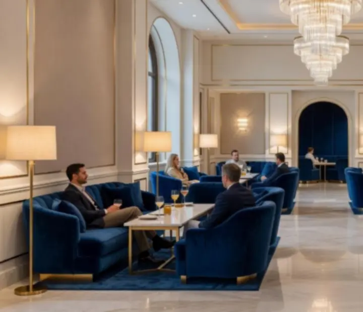 Jasne, eleganckie wnętrze restauracji w stylu lounge z delikatnymi akcentami kart i złotych detali.