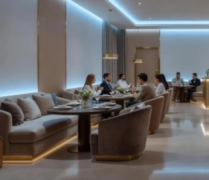 Elegancki poker lounge w restauracji MACHU Catherine w jasnej, złotej aranżacji.
