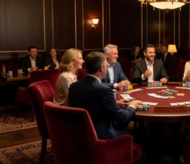 Stół pokerowy przygotowany na wieczór towarzyski w eleganckim, jasnym wnętrzu restauracji.