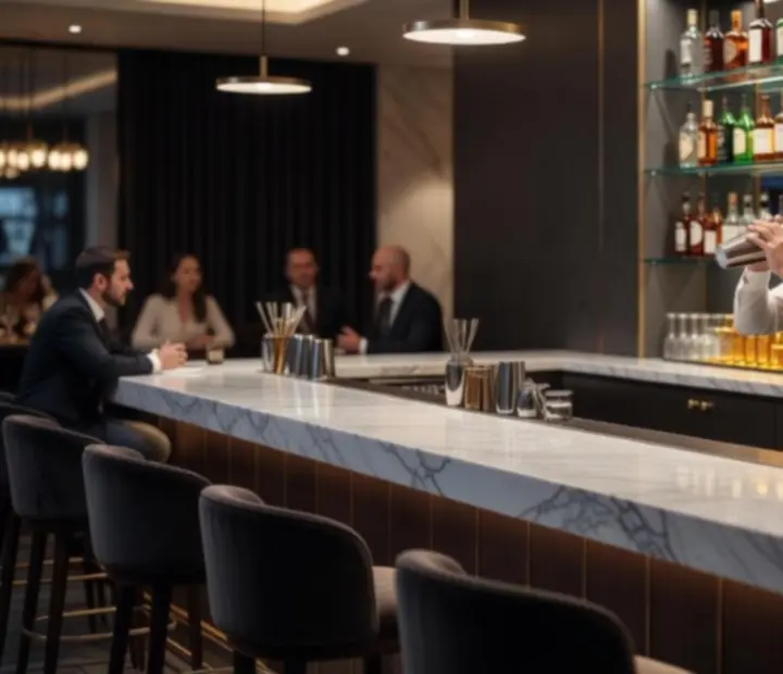 Nowoczesny bar koktajlowy z jasnym oświetleniem i eleganckimi kieliszkami.