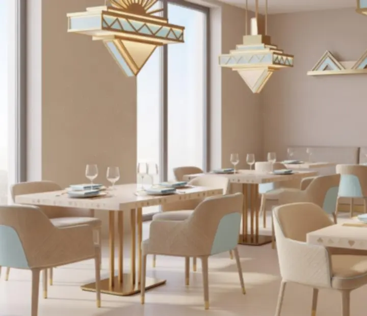 Jasna sala restauracyjna MACHU Catherine z beżowymi sofami, złotymi lampami i delikatnymi akcentami inspirowanymi stylem casino.