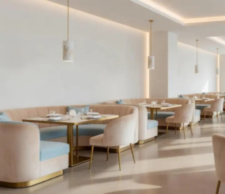 Eleganckie, jasne wnętrze restauracji MACHU Catherine inspirowane subtelnym casino stylem